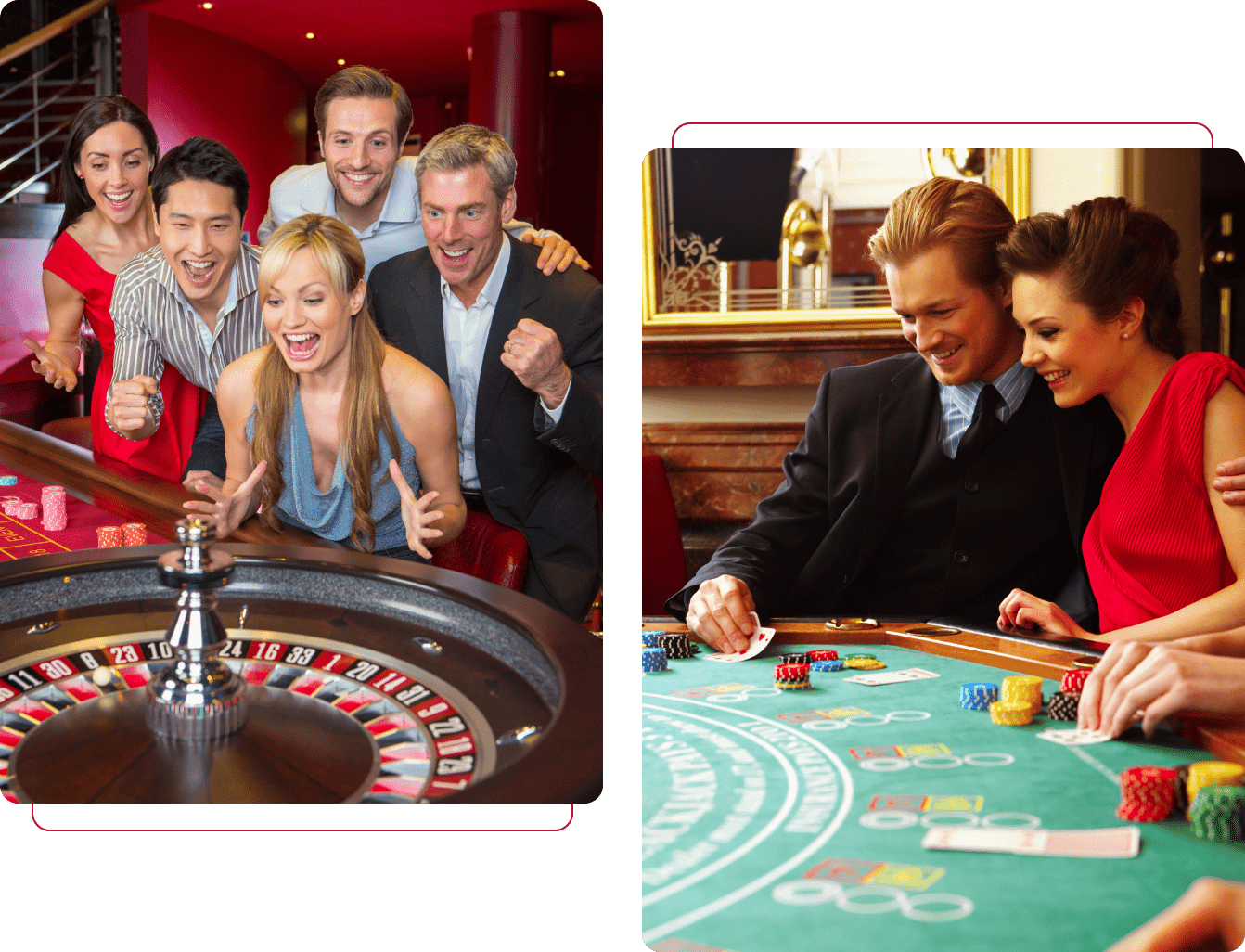 A group of people standing around a roulette table.